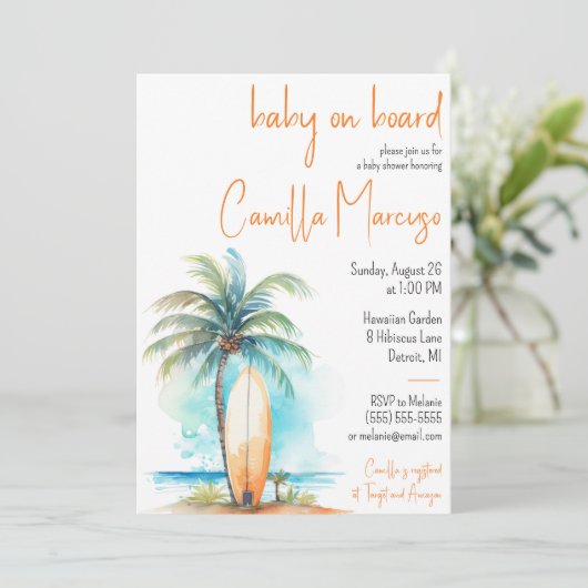 Invitation Bébé à bord, Surf-board, Baby shower Palm Tree (Debout devant)