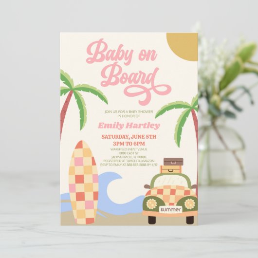 Invitation Bébé À Bord Surf De Plage Baby shower Rétro Rose (Debout devant)