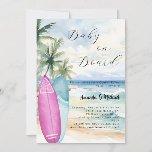 Invitation Bébé à bord surf fille garçon Genre Reveal (Devant)