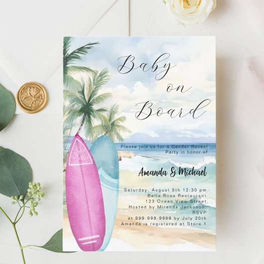 Invitation Bébé à bord surf fille garçon Genre Reveal