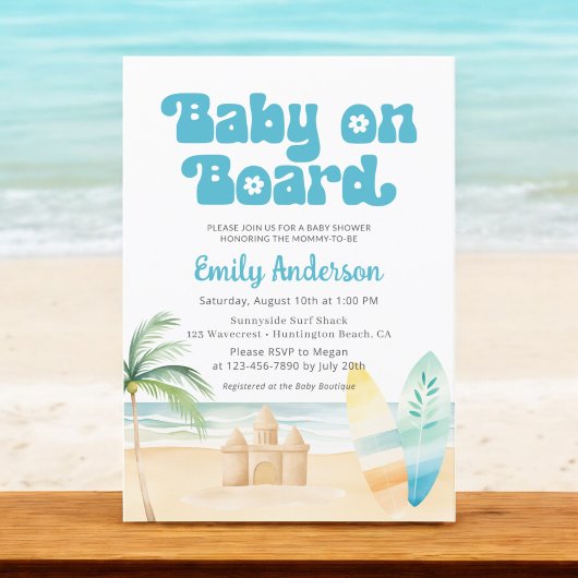 Invitation Bébé à bord Surfboard Baby shower de plage
