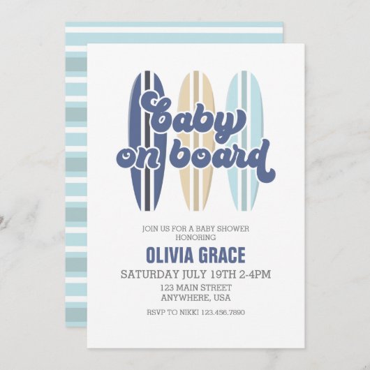 Invitation Bébé à bord Surfboard Beach Baby shower Invitati (Devant / Derrière)