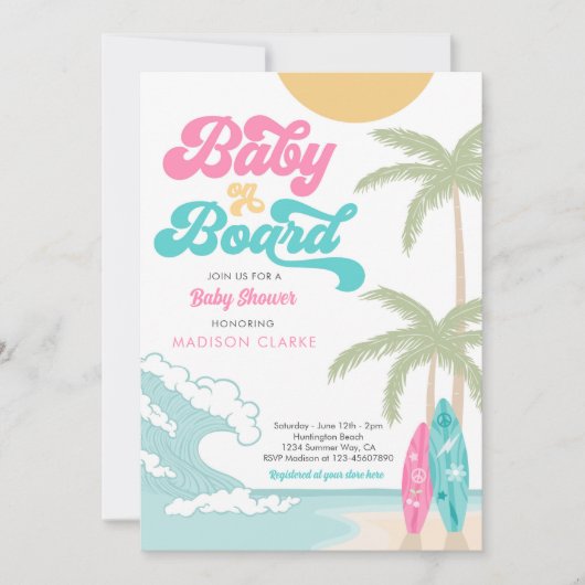 Invitation Bébé à bord Surfboard Beach Baby shower rétro (Devant)