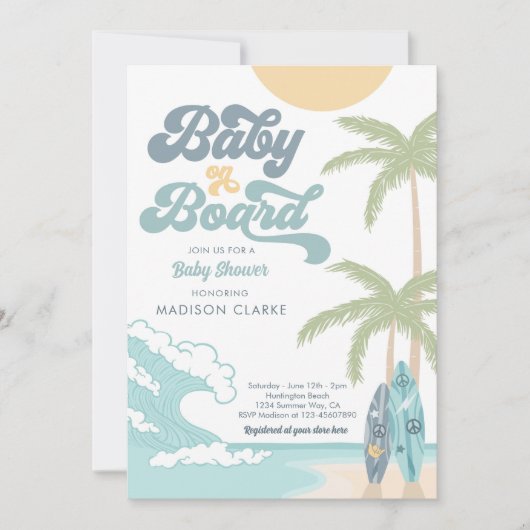 Invitation Bébé à bord Surfboard Beach Baby shower rétro (Devant)