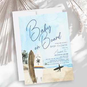 Invitation Bébé à bord Surfboard Beach Blue Boy Baby shower