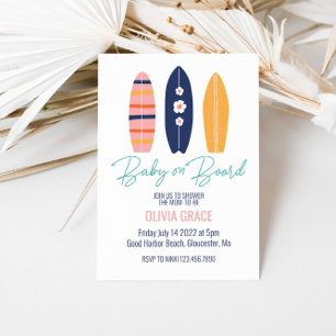 Invitation Bébé à bord surfboard rose Baby Shower