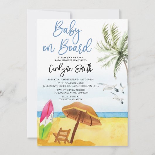 Invitation Bébé à bord Surfboard Summer Beach Baby shower (Devant)