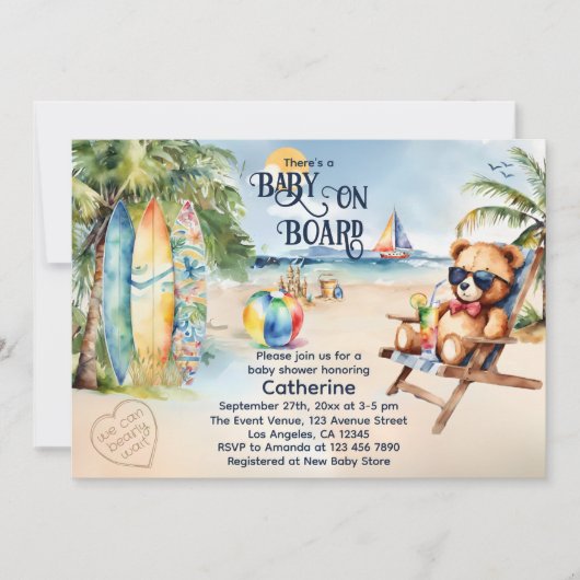 Invitation Bébé À Bord Surfboard Teddy Bear Baby shower (Devant)