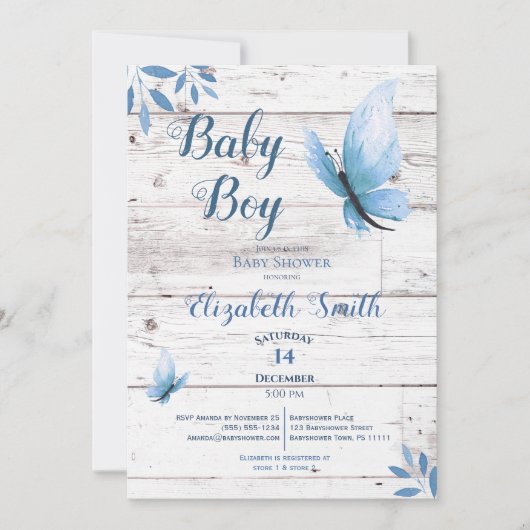 Invitation Bébé à fleurs de papillon bleu d'aquarelle rustiqu (Devant)