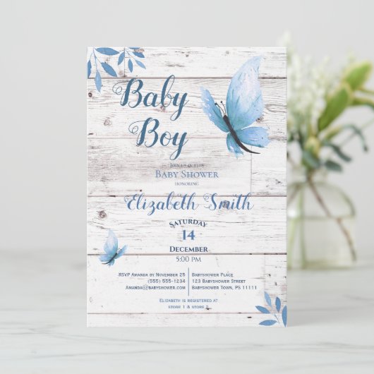 Invitation Bébé à fleurs de papillon bleu d'aquarelle rustiqu (Debout devant)