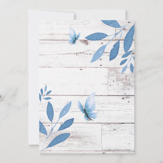 Invitation Bébé à fleurs de papillon bleu d'aquarelle rustiqu (Dos)