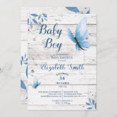 Invitation Bébé à fleurs de papillon bleu d'aquarelle rustiqu (Devant / Derrière)