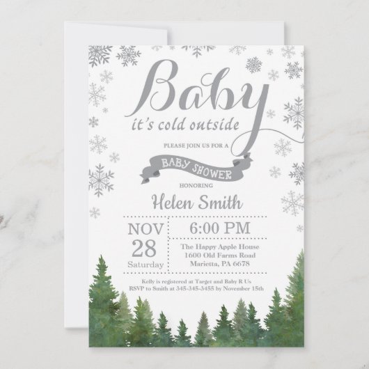 Invitation Bébé à l'extérieur du Baby shower gris d'hiver (Devant)
