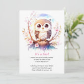 Invitation Bébé à thème Hibou Bois Douche fille (Debout devant)