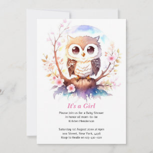 Invitation Bébé à thème Hibou Bois Douche fille
