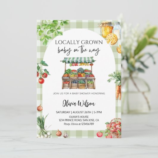 Invitation Bébé à venir, produit local - Thème ferme rustique (Debout devant)