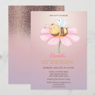 Invitation Bébé Abeille Miel Paillettes Anniversaire