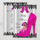 Invitation Bébé adorable chaussure rose fuchsia lacets noirs (Devant / Derrière)