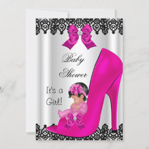Invitation Bébé adorable chaussure rose fuchsia lacets noirs