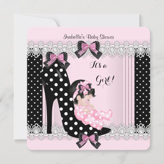 Invitation Bébé adorable Fête de Naissance Fille Rose Points  (Devant)