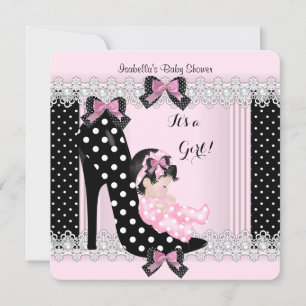 Invitation Bébé adorable Fête de Naissance Fille Rose Points 