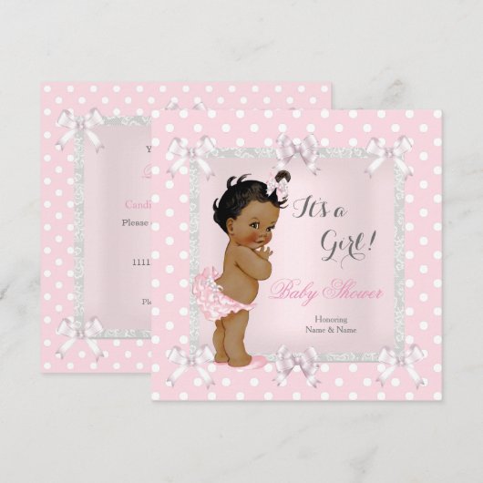 Invitation Bébé adorable Fille de douche Rose Gris Ethnique (Devant / Derrière)