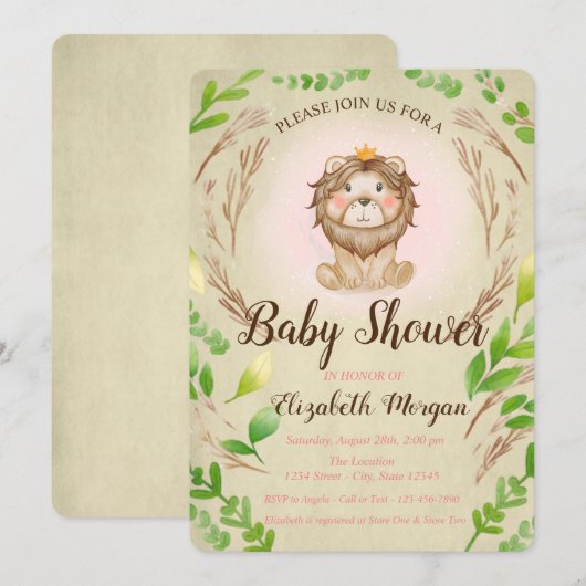 Invitation Bébé adorable mignonne Lion Feuilles de la Couronn (Devant / Derrière)