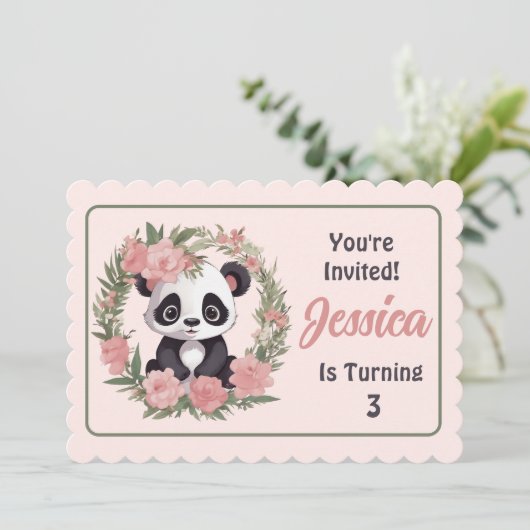 Invitation Bébé adorable Panda Ours avec fleurs (Debout devant)