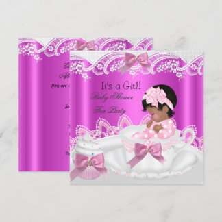 Invitation Bébé Afro-Américain Fille Rose dans Tasse à Thé