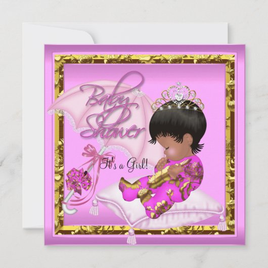 Invitation Bébé Afro-Américain Mignon Fête de Naissance Rose (Devant)