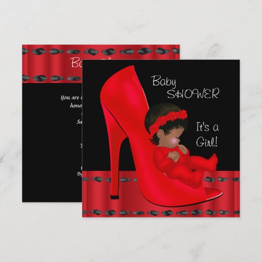 Invitation Bébé Afro-Américain Shower Fille Chaussure Rouge 2 (Devant / Derrière)