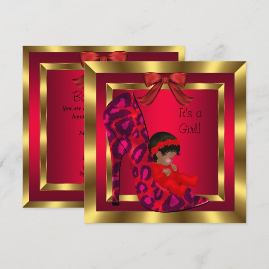 Invitation Bébé Afro-Américain Shower Fille Chaussure Rouge O (Devant / Derrière)