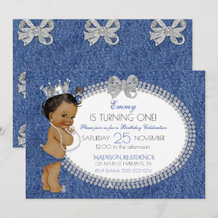 Invitation Bébé afro-américaine aux nœuds en denim et diamant