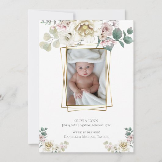 Invitation Bébé | Ajouter Photo Alabaster Peonies Gold Frame (Devant)