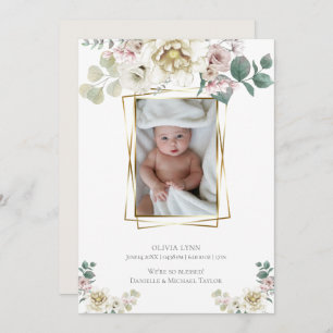 Invitation Bébé   Ajouter Photo Alabaster Peonies Gold Frame