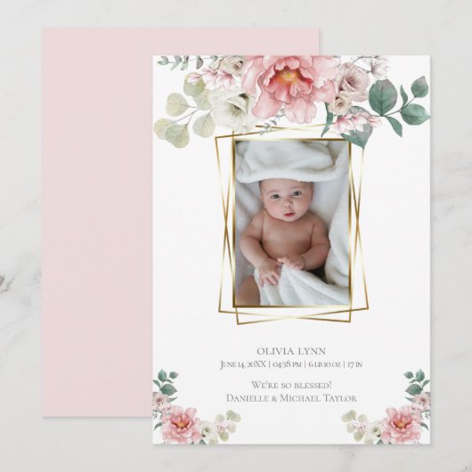 Invitation Bébé | Ajouter Photo Baby Pink Peonies Gold Frame (Devant / Derrière)