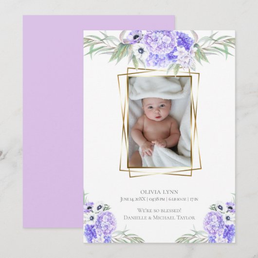 Invitation Bébé | Ajouter Photo Violet Anémonique Floral (Devant / Derrière)