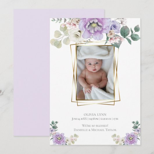 Invitation Bébé | Ajouter Photo Violet Peonies Gold Frame (Devant / Derrière)