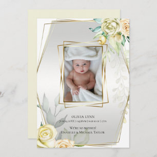 Invitation Bébé Ajouter Photo Yellow Roses Gold Frame