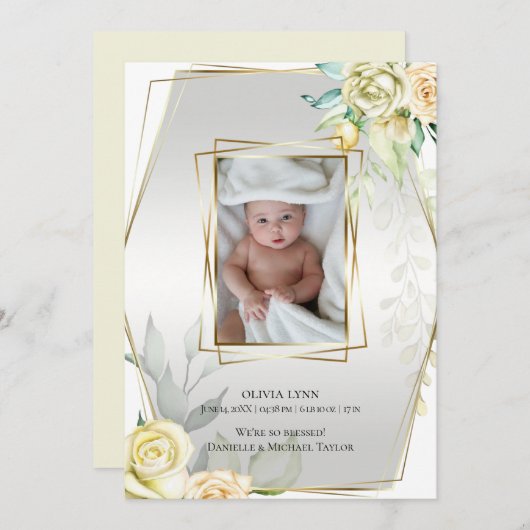 Invitation Bébé | Ajouter Photo Yellow Roses Gold Frame (Devant / Derrière)