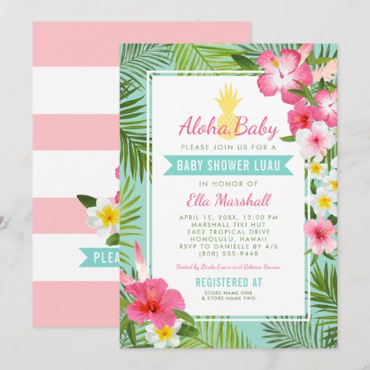 Invitation Bébé Aloha Ananas Aqua Fête Hawaïenne Fille Shower (Devant / Derrière)