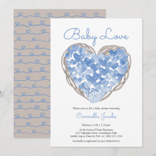 Invitation Bébé Amour Cœurs Bleus Garçon Rustique Baby Shower