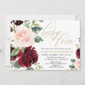 Invitation Bébé Amour rose or bordeaux floral fille douche (Devant)