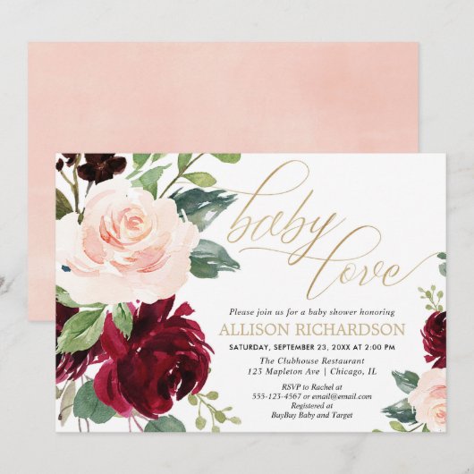 Invitation Bébé Amour rose or bordeaux floral fille douche (Devant / Derrière)