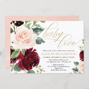 Invitation Bébé Amour rose or bordeaux floral fille douche