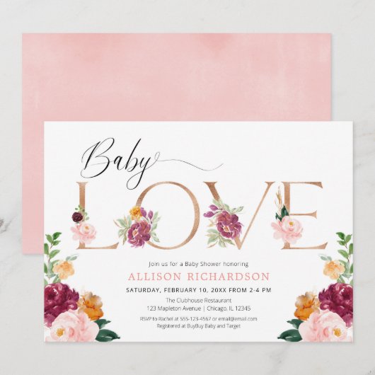 Invitation Bébé amour rose or bordeaux rousse fille douche (Devant / Derrière)