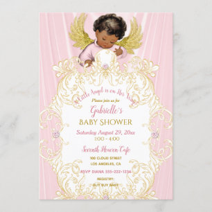 Invitation Bébé Ange Rose Or Fille Afro-Américaine