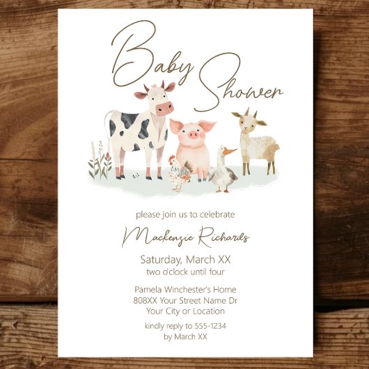 Invitation Bébé Animaux de ferme mignonne thème de campagne