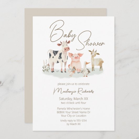 Invitation Bébé Animaux de ferme mignonne thème de campagne (Devant / Derrière)
