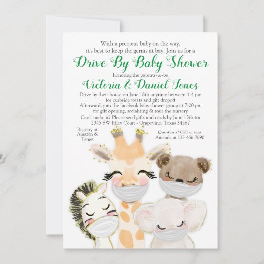 Invitation Bébé Animaux en Masques Conduite par Baby shower C (Devant)